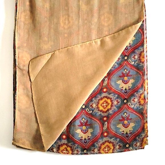 Red Blue Gold Rectangular Mosaic Print Patterned Scarf Holiday Retro Dressy - Picture 7 of 9